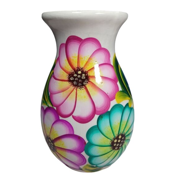 Mexican Folk Art Pottery Talavera Peacock Daisy Flowers Floral Hand Painted Vase - Picture 3 of 8